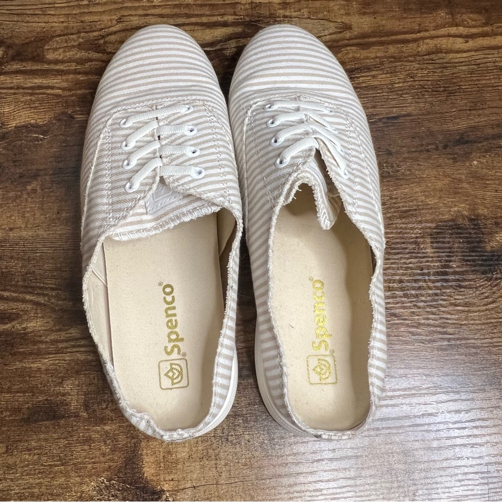 canvas mules slip on shoes tan white stripes Spenco Santa Rosa women's 9 - Picture 9 of 14